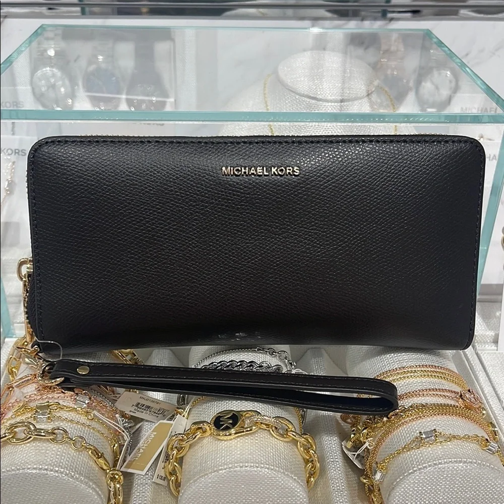 Michael Kors JST Lg Leather Continental Wallet Wristlet Phone Holder C Chocolate